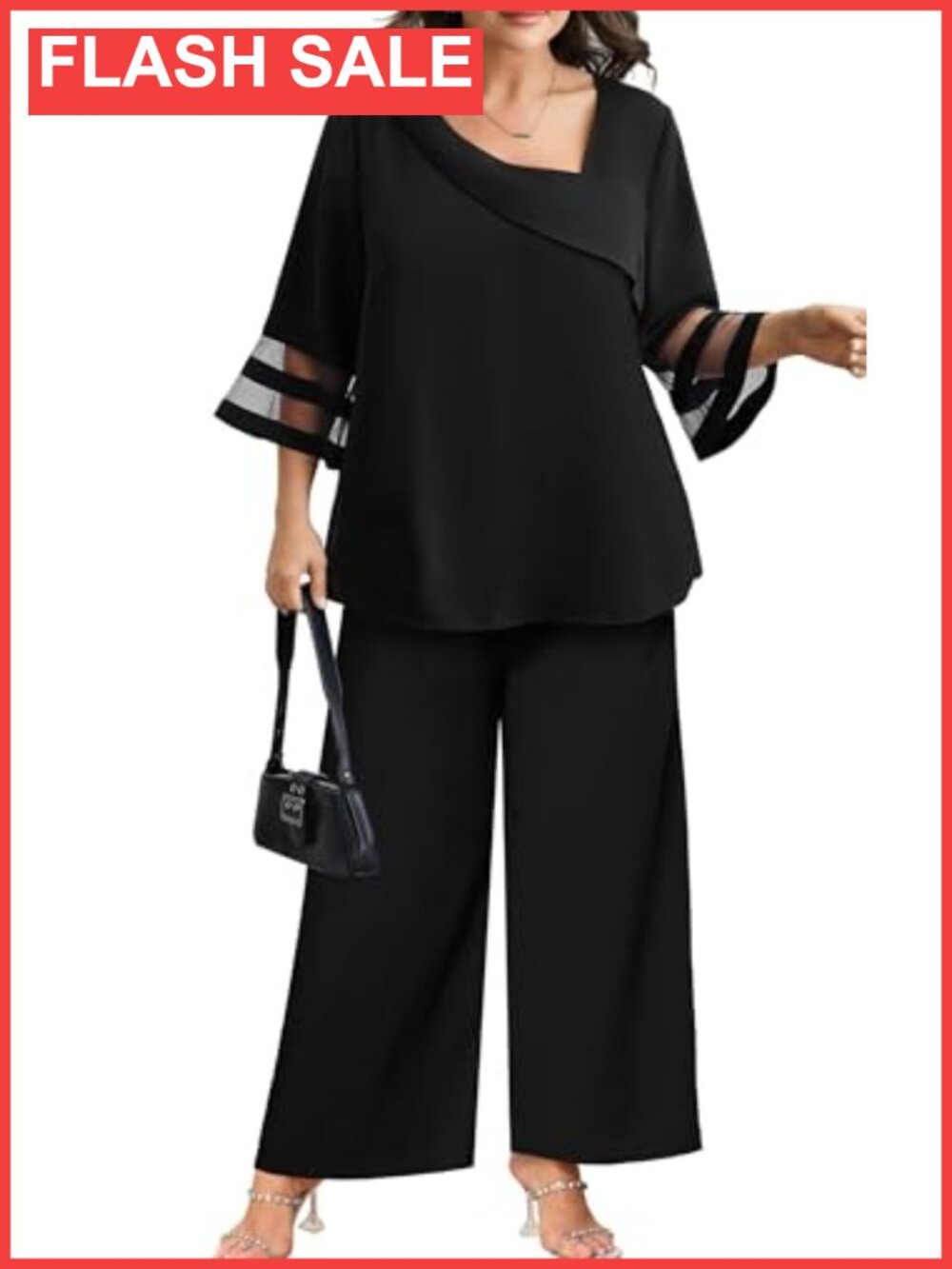 Plus Size Mesh Bell Sleeve Dressy Pantsuit